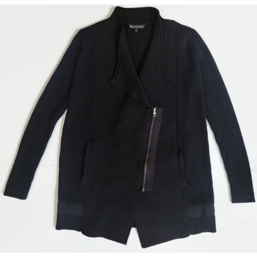 Athleta Black Ribbed Zip-Front Cardigan Sweater